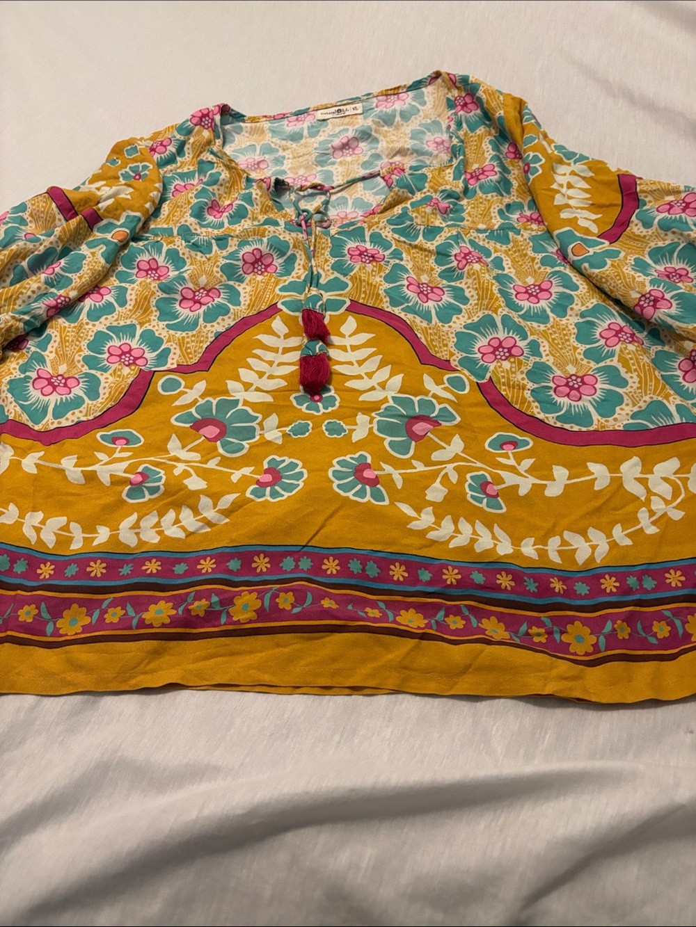 Natural Life Boho Yellow & Turquoise Floral Tassel Peasant Top SZ XL oversized - Picture 7 of 9